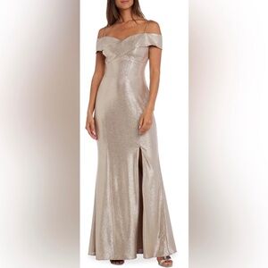 Nightway Elegant Formal Off-The-Shoulder Side Slit Evening Champagne Gold Gown 6